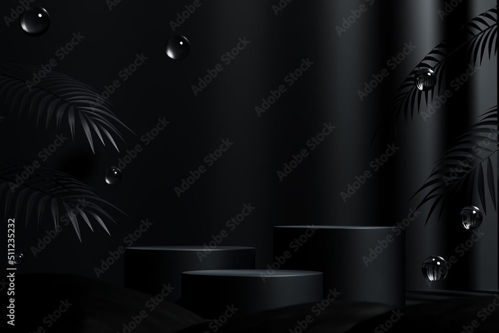 Aufkleber 3d rendering three empty cylinder podiums on black background. abstract scene for product display.