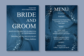 Modern watercolor background or elegant card design for birthday invite or wedding or menu with abstract navy blue ink waves and silver splashes.