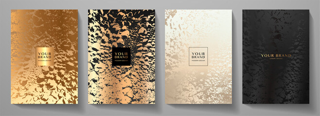 Modern cover design set. Luxury gold and black background with water drop pattern (sparkling bubbles). Holiday vector template for drink menu, invite, brochure template, flyer
