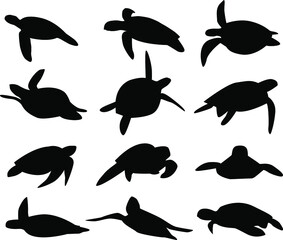 Vector  silhouettes of sea turtles on isolated white background. Icon set.