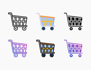 Shop Chart Trolley icon set with different styles. Style line, outline, flat, glyph, color, gradient. Editable stroke and pixel perfect. Used for digital product, presentation, print design and more.