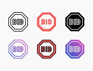 Bid icon set with different styles. Style line, outline, flat, glyph, color, gradient. Editable stroke and pixel perfect. Can be used for digital product, presentation, print design and more.