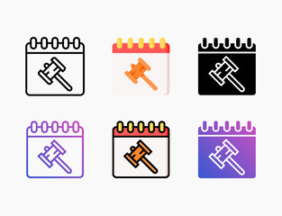 Calendar Auction icon set with different style. Style line, outline, flat, glyph, color, gradient. Editable stroke and pixel perfect. Used digital product, presentation, print design and more.