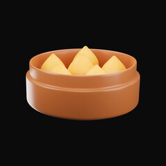 3D Style Dumpling Dish Pot Brown And Golden Icon Over Black Background.