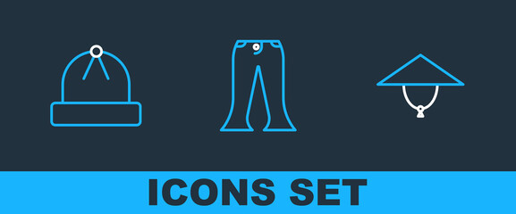 Set line Asian conical hat, Winter and Pants icon. Vector