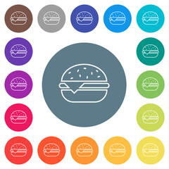 Single cheeseburger outline flat white icons on round color backgrounds