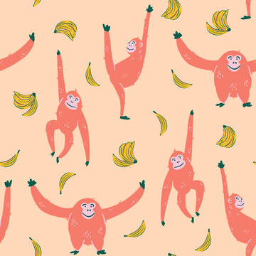 Orangutan seamless pattern repeat. Cute monkey vector illustrations with bananas in orange background. Tropical background fabric print. Great for kids and fun home decor. Surface pattern design.
