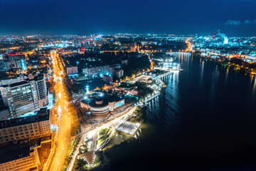 Fototapeta na wymiar Aerial top view night cityscape of Kazan Tatarstan Russia