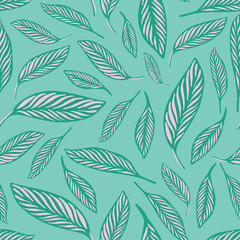 Jungle leaves pattern design in pink and turquoise green. Tropical foliage vector illustration. Great for kids and summer home decor. Surface pattern design.