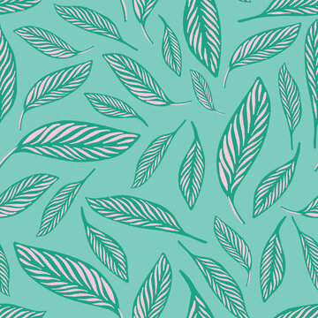 Jungle leaves pattern design in pink and turquoise green. Tropical foliage vector illustration. Great for kids and summer home decor. Surface pattern design.