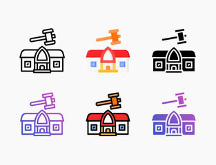 House With Gavel icon set with different styles. Style line, outline, flat, glyph, color, gradient. Editable stroke and pixel perfect.