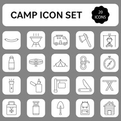 20 Camp Symbol Or Icon Set In Linear Style.
