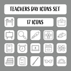 Flat Teacher Day Icon Set On Grey Square Background.