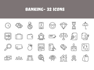 Black Line Art Set Of Banking Icons In Flat Style.