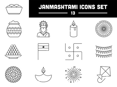 Black Linear Style Lord Krishna Birthday Celebration 13 Icon Set. - Powered by Adobe