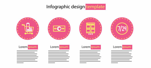 Set line Online shopping on mobile, Clock 24 hours, Paper money cash and Shopping cart and food icon. Vector