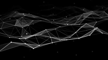 Digital wave with dots, lines and triangles on the dark background. The futuristic abstract structure of network connection. Big data visualization. 3D rendering.