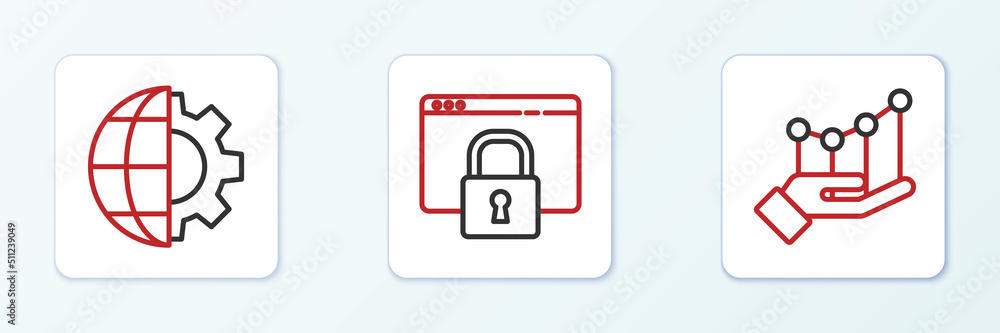 Poster set line pie chart infographic, globe of the earth and gear and secure your site with https, ssl ico