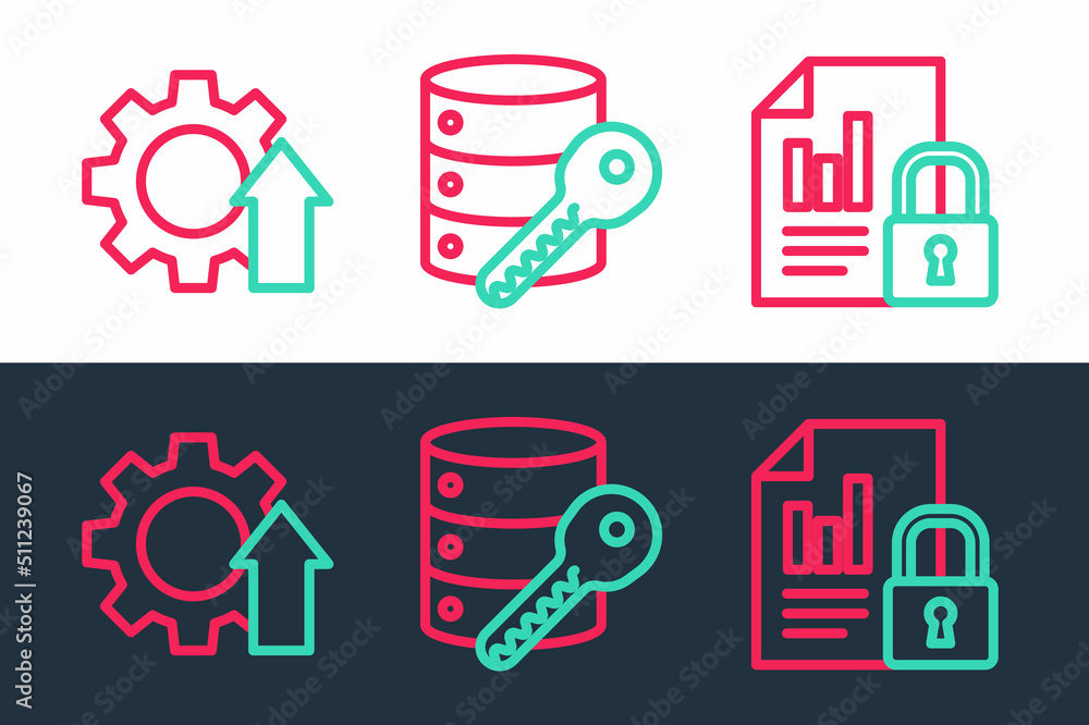 Poster set line document and lock, arrow growth gear and server security with key icon. vector