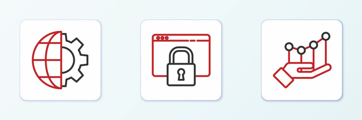 Set line Pie chart infographic, Globe of the Earth and gear and Secure your site with HTTPS, SSL icon. Vector