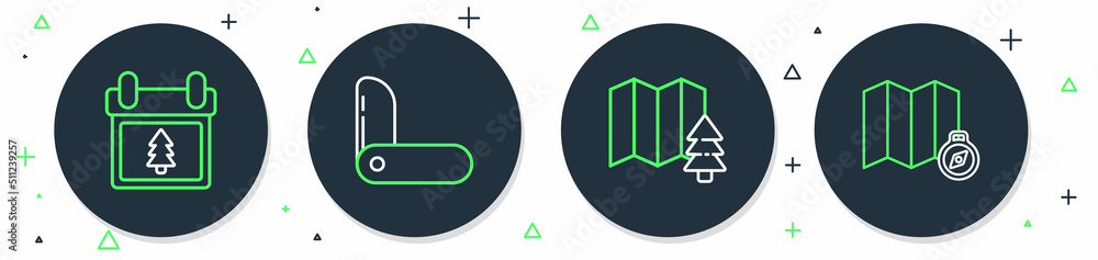 Poster set line swiss army knife, location of the forest, calendar with tree and map icon. vector