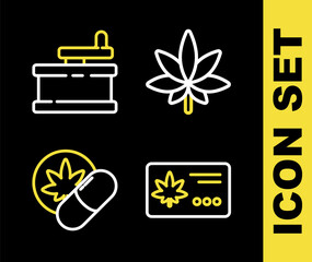 Set line Marijuana or cannabis leaf, Calendar and marijuana, Herbal ecstasy tablets and Manual grinder icon. Vector