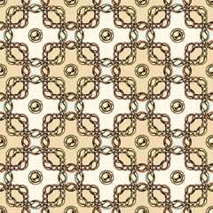 Seamless geometric chain pattern with intricate overlapping squares on white background. Gold and copper chains, beads Vector Illustration.