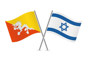 The Kingdom of Bhutan and Israel crossed flags. Bhutanese and Israeli flags on white background. Vector icon set. Vector illustration.
