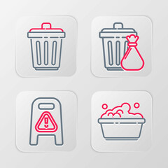 Set line Plastic basin with soap suds, Wet floor and cleaning progress, Trash can garbage bag and icon. Vector