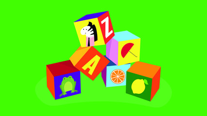 Children's game blocks with letters and objects