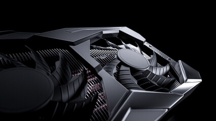 3d render of modern graphics or video card for gamer or crypto mining with hard edges and fans industrial design with black dark elegant lighting and studio light for dramatic close up visualization