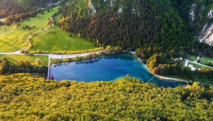 Aerial view over lake Zavrsnica and landscape around it with.