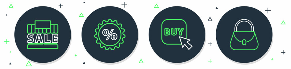 Set line Discount percent tag, Buy button, Shopping building and sale and Handbag icon. Vector