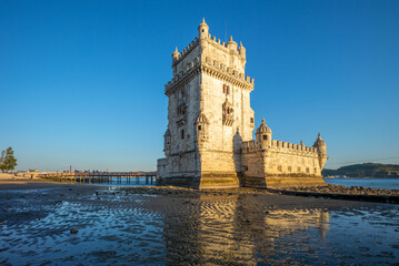 belem tower in belem district of lisbon - obrazy, fototapety, plakaty