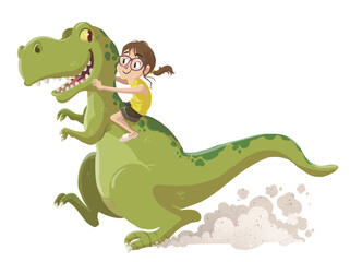 Little girl illustration with tyrannosaurus rex - 511241008