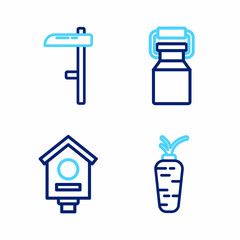 Set line Carrot, Bird house, Can container for milk and Scythe icon. Vector