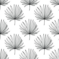 Obraz premium Tropical flowers. Engraved ink art. Seamless pattern on black background. Fabric wallpaper print texture. Vector.