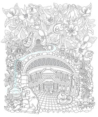 Fairy tale aquilegia flowers and underground Dragon beast family apartment in the old medieval cave Kitchen. Adults coloring book page