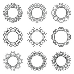 Set of decorative round frames with mandala ornament. Print template for postcards,
invitations, books, textiles, and engraving.