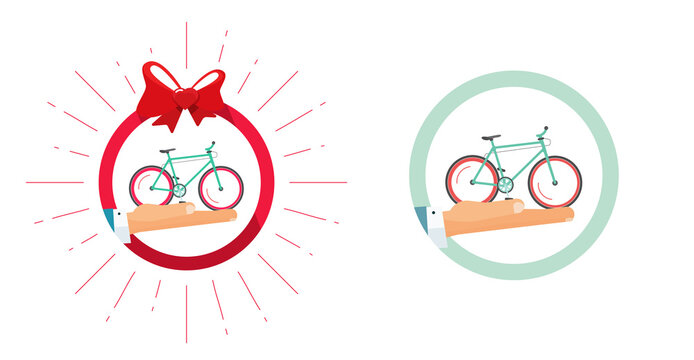 Bicycle gift prize vector icon or flat bike present and rental logo with human hand image illustration cartoon, idea of birthday or christmas delivery deal graphic
