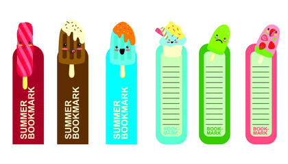 Set of 6 coloured bookmarks with ice creams. Flat illustration with doodle elements. Bookmarks isolated on a white background.