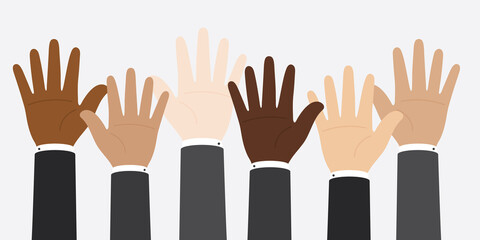 Flat vector illustration of businessmen hand in suit raising their hands. Business concept.
