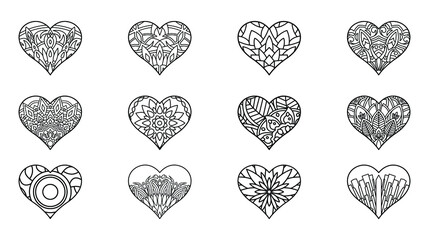 Hand drawn set of hearts mandala zentangle style isolated on white background