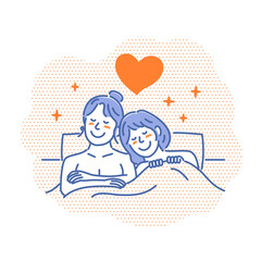 Vector illustration of  a lesbian couple snuggling up in bed  (LGBTQ)