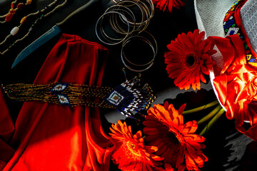 set of red, white and colorful fashion accessories on a black background