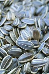 Closeup of pile of raw sunflower seeds with selective focus