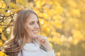 Portrait of a beautiful young woman against a background of colorful golden foliage in an autumn park. Attractive woman with light brown hair near bushes with yellow leaves. Fall season. Close-up.