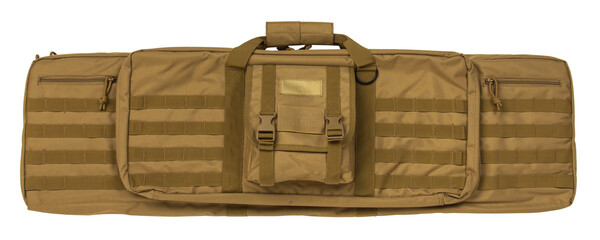 Soft light beige gun case with extra pockets. Bag for storing and transporting weapons. Isolate on...