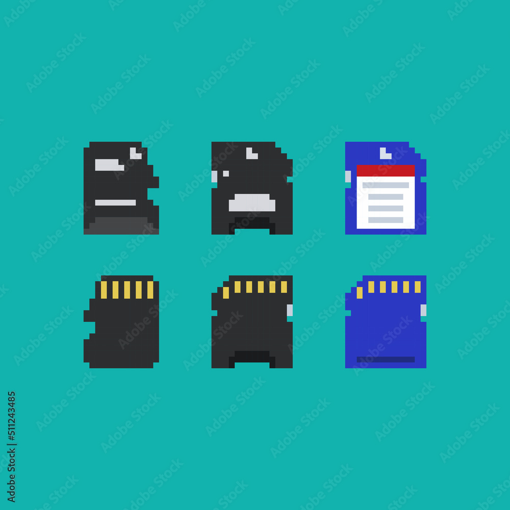 Poster pixel art memory card vector 8 bit icon set on light blue background. video game 8-bit sprite. isola