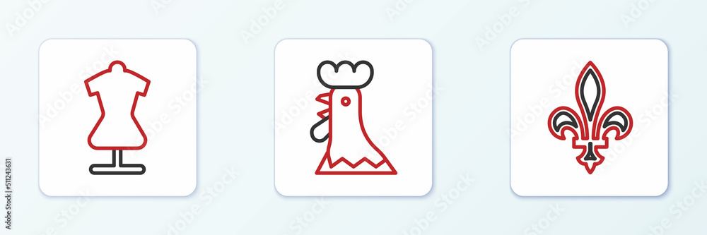 Sticker Set line Fleur De Lys, Mannequin and French rooster icon. Vector